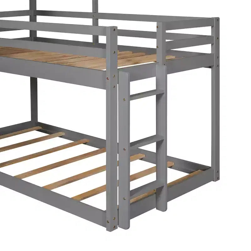 Bellemave Twin Over Twin Playhouse Bunk Bed with Roof & Window, Solid Wood Frame, Guardrails & Ladder, Space-Saving Kids Bunk Bed