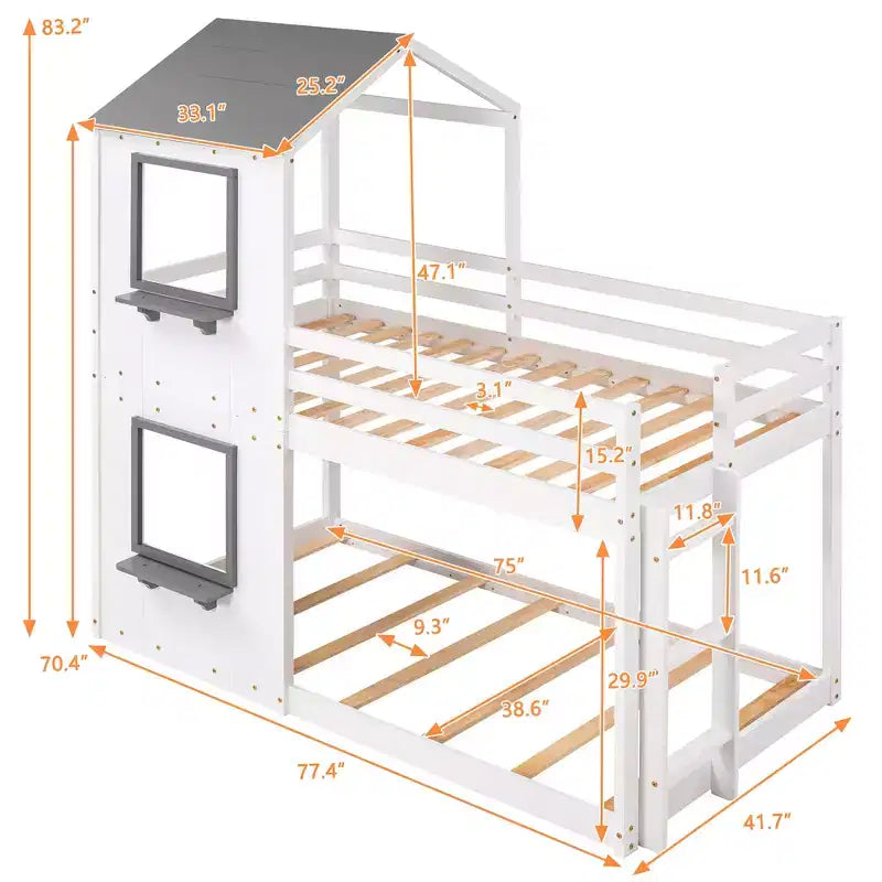 Bellemave Twin Over Twin Playhouse Bunk Bed with Roof & Window, Solid Wood Frame, Guardrails & Ladder, Space-Saving Kids Bunk Bed