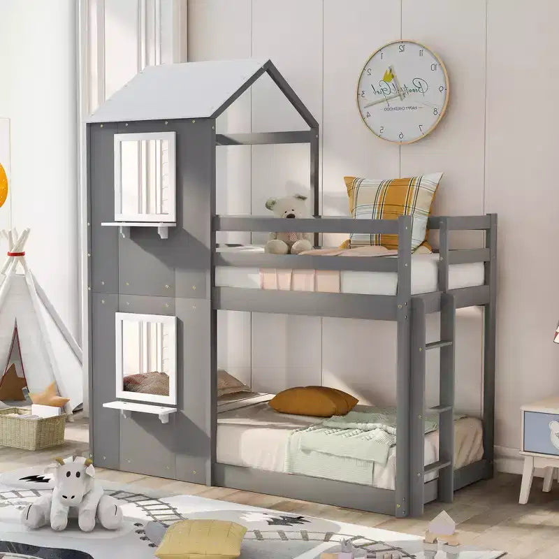 Bellemave Twin Over Twin Playhouse Bunk Bed with Roof & Window, Solid Wood Frame, Guardrails & Ladder, Space-Saving Kids Bunk Bed