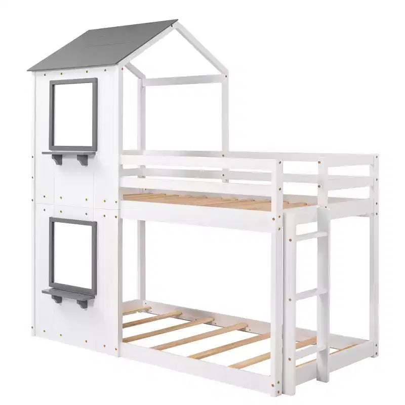 Bellemave Twin Over Twin Playhouse Bunk Bed with Roof & Window, Solid Wood Frame, Guardrails & Ladder, Space-Saving Kids Bunk Bed