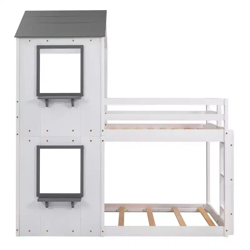 Bellemave Twin Over Twin Playhouse Bunk Bed with Roof & Window, Solid Wood Frame, Guardrails & Ladder, Space-Saving Kids Bunk Bed