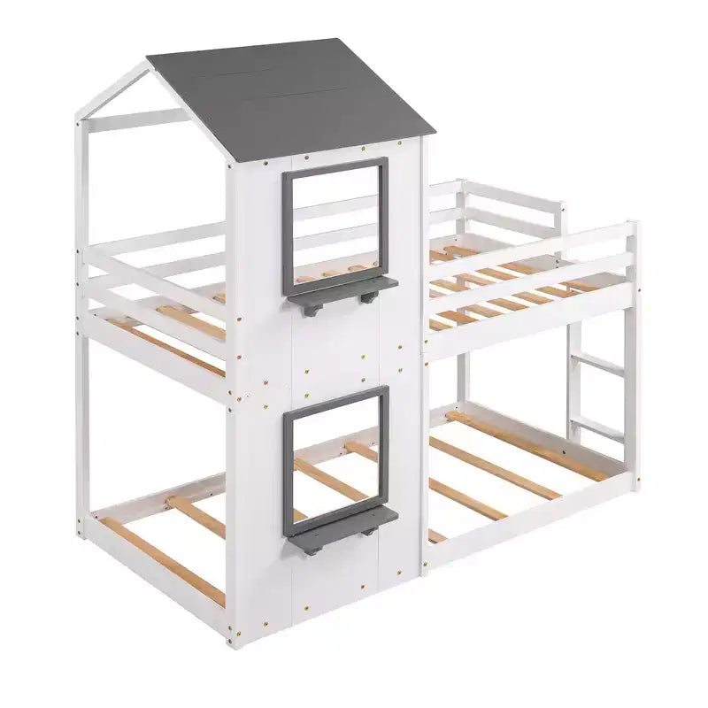 Bellemave Twin Over Twin Playhouse Bunk Bed with Roof & Window, Solid Wood Frame, Guardrails & Ladder, Space-Saving Kids Bunk Bed