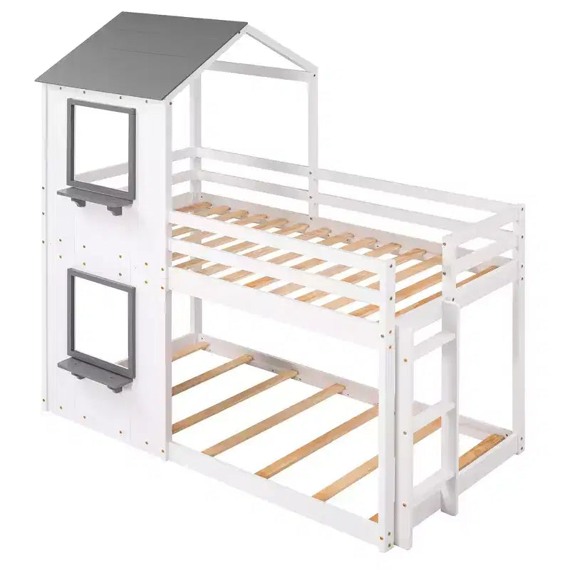 Bellemave Twin Over Twin Playhouse Bunk Bed with Roof & Window, Solid Wood Frame, Guardrails & Ladder, Space-Saving Kids Bunk Bed