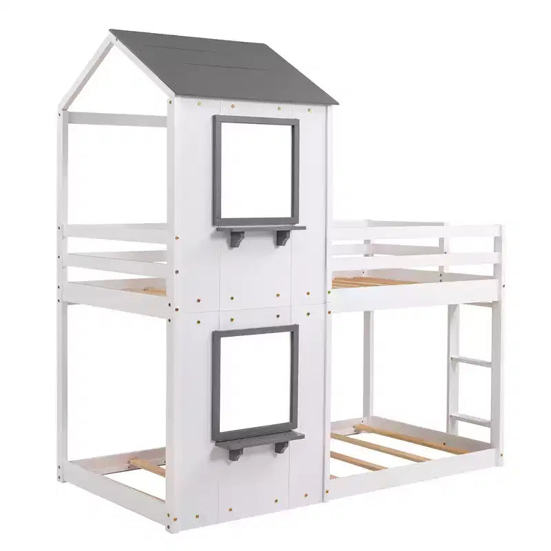 Bellemave Twin Over Twin Playhouse Bunk Bed with Roof & Window, Solid Wood Frame, Guardrails & Ladder, Space-Saving Kids Bunk Bed