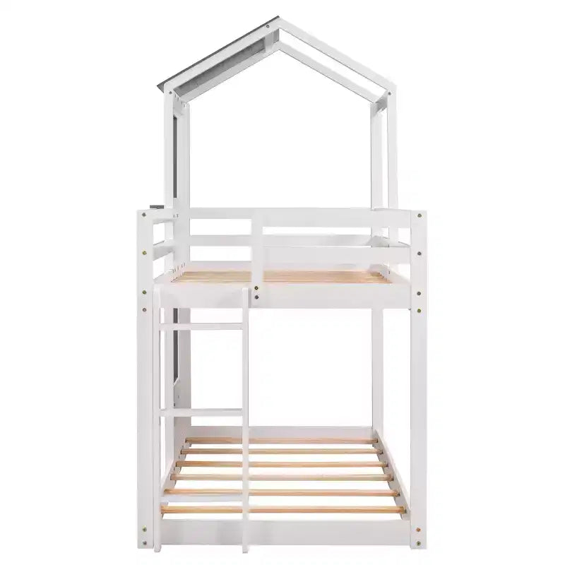 Bellemave Twin Over Twin Playhouse Bunk Bed with Roof & Window, Solid Wood Frame, Guardrails & Ladder, Space-Saving Kids Bunk Bed