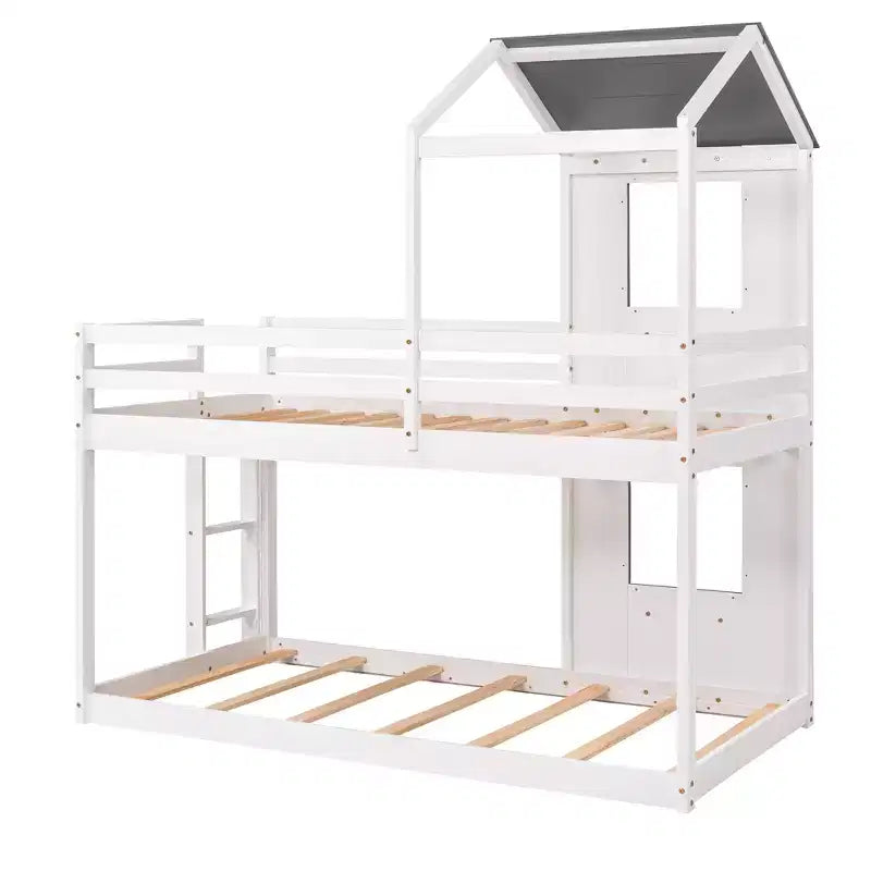 Bellemave Twin Over Twin Playhouse Bunk Bed with Roof & Window, Solid Wood Frame, Guardrails & Ladder, Space-Saving Kids Bunk Bed