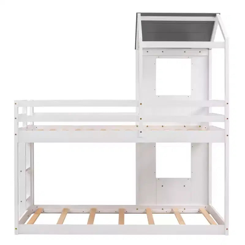 Bellemave Twin Over Twin Playhouse Bunk Bed with Roof & Window, Solid Wood Frame, Guardrails & Ladder, Space-Saving Kids Bunk Bed