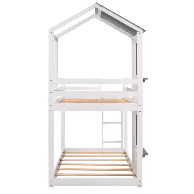 Bellemave Twin Over Twin Playhouse Bunk Bed with Roof & Window, Solid Wood Frame, Guardrails & Ladder, Space-Saving Kids Bunk Bed