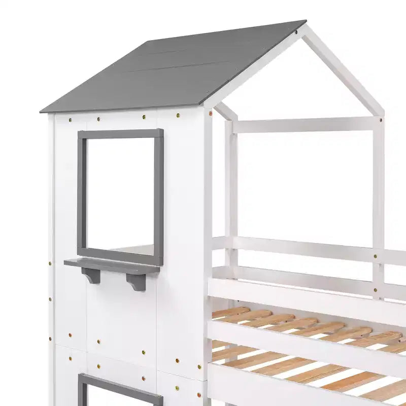 Bellemave Twin Over Twin Playhouse Bunk Bed with Roof & Window, Solid Wood Frame, Guardrails & Ladder, Space-Saving Kids Bunk Bed