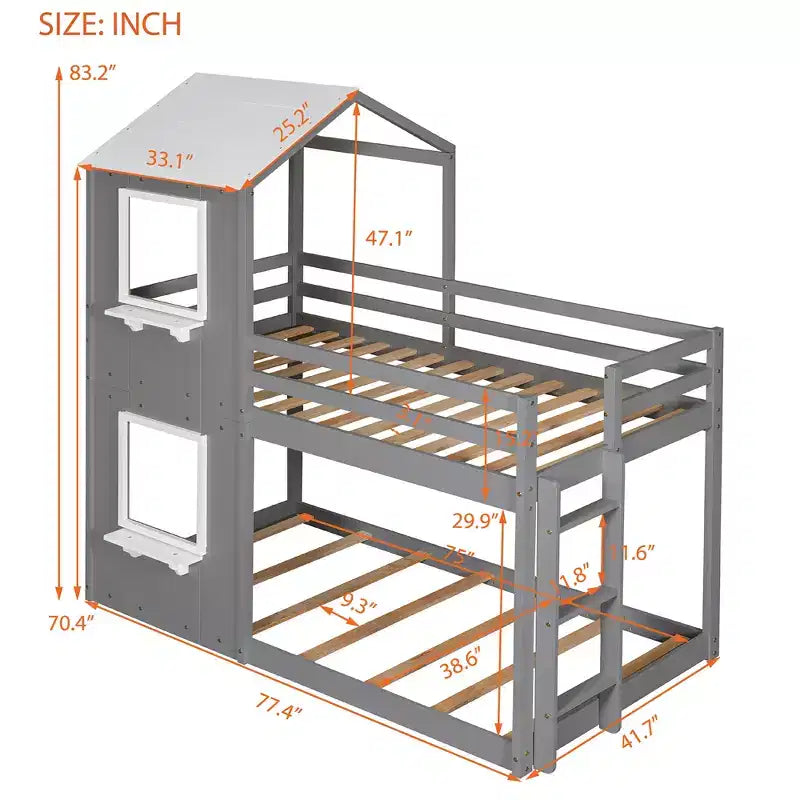 Bellemave Twin Over Twin Playhouse Bunk Bed with Roof & Window, Solid Wood Frame, Guardrails & Ladder, Space-Saving Kids Bunk Bed