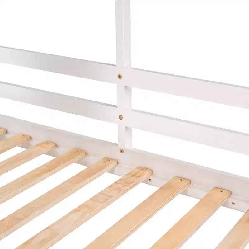 Bellemave Twin Over Twin Playhouse Bunk Bed with Roof & Window, Solid Wood Frame, Guardrails & Ladder, Space-Saving Kids Bunk Bed