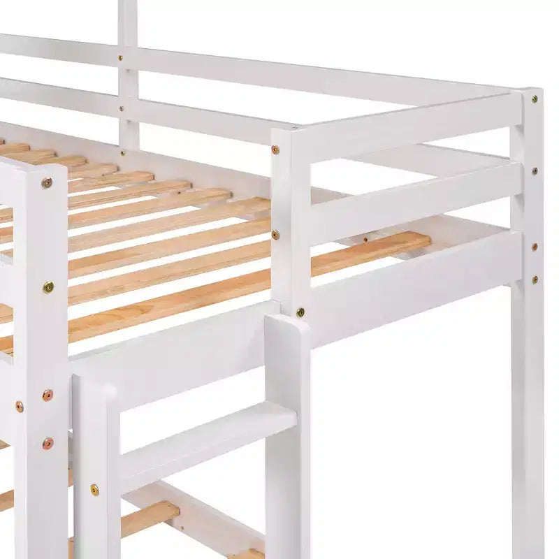 Bellemave Twin Over Twin Playhouse Bunk Bed with Roof & Window, Solid Wood Frame, Guardrails & Ladder, Space-Saving Kids Bunk Bed