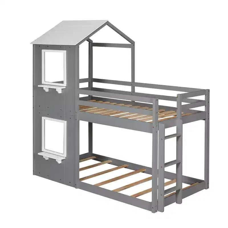 Bellemave Twin Over Twin Playhouse Bunk Bed with Roof & Window, Solid Wood Frame, Guardrails & Ladder, Space-Saving Kids Bunk Bed