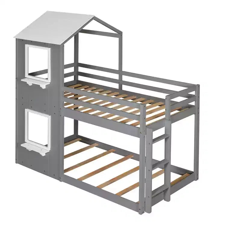 Bellemave Twin Over Twin Playhouse Bunk Bed with Roof & Window, Solid Wood Frame, Guardrails & Ladder, Space-Saving Kids Bunk Bed
