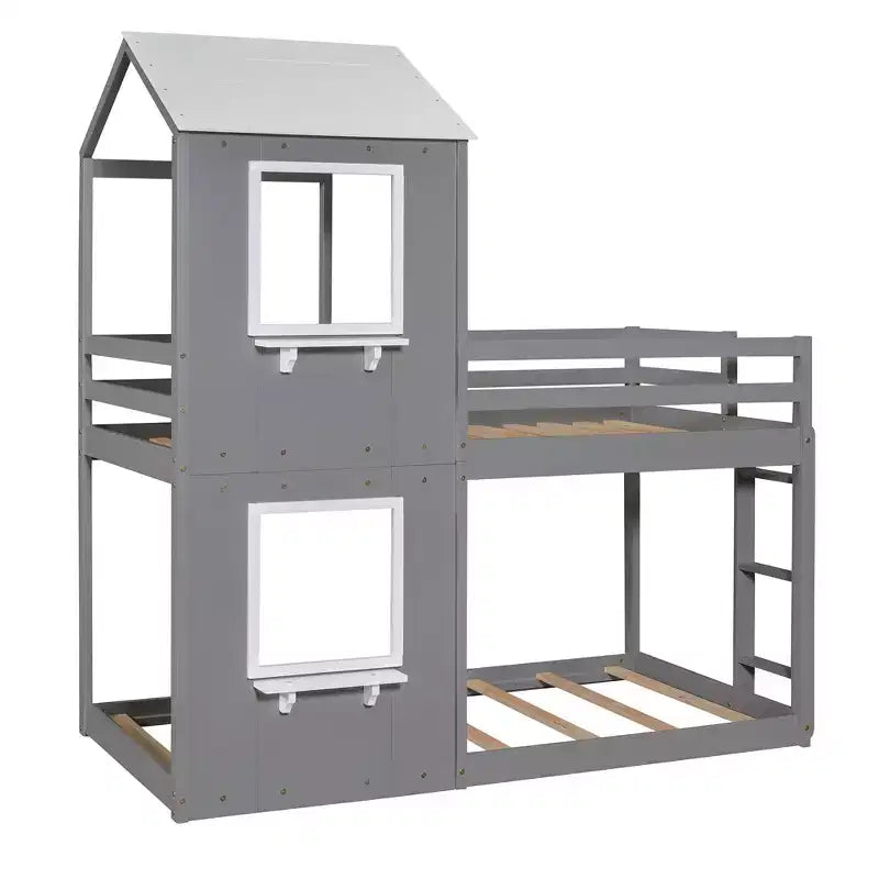 Bellemave Twin Over Twin Playhouse Bunk Bed with Roof & Window, Solid Wood Frame, Guardrails & Ladder, Space-Saving Kids Bunk Bed