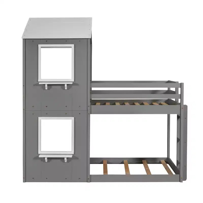 Bellemave Twin Over Twin Playhouse Bunk Bed with Roof & Window, Solid Wood Frame, Guardrails & Ladder, Space-Saving Kids Bunk Bed