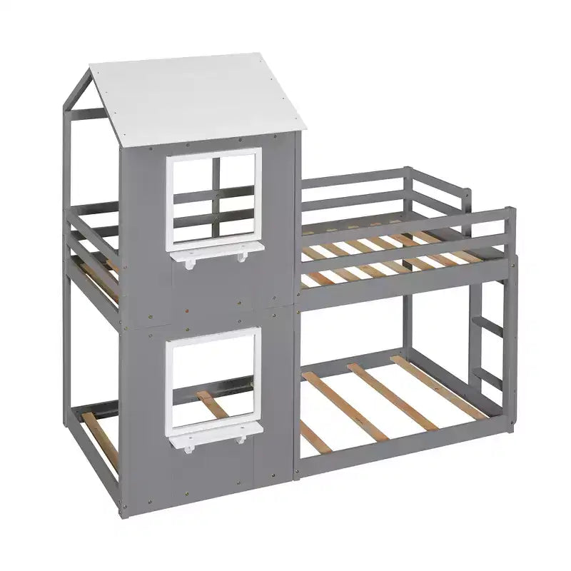 Bellemave Twin Over Twin Playhouse Bunk Bed with Roof & Window, Solid Wood Frame, Guardrails & Ladder, Space-Saving Kids Bunk Bed