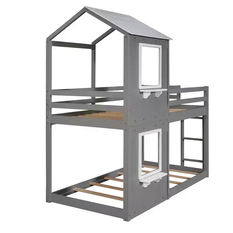 Bellemave Twin Over Twin Playhouse Bunk Bed with Roof & Window, Solid Wood Frame, Guardrails & Ladder, Space-Saving Kids Bunk Bed