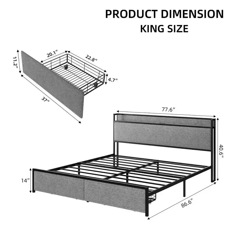 King Size Bed Frame with USB Ports & 2 Storage Drawers, Upholstered Platform Bed with Shelf Headboard, Gray