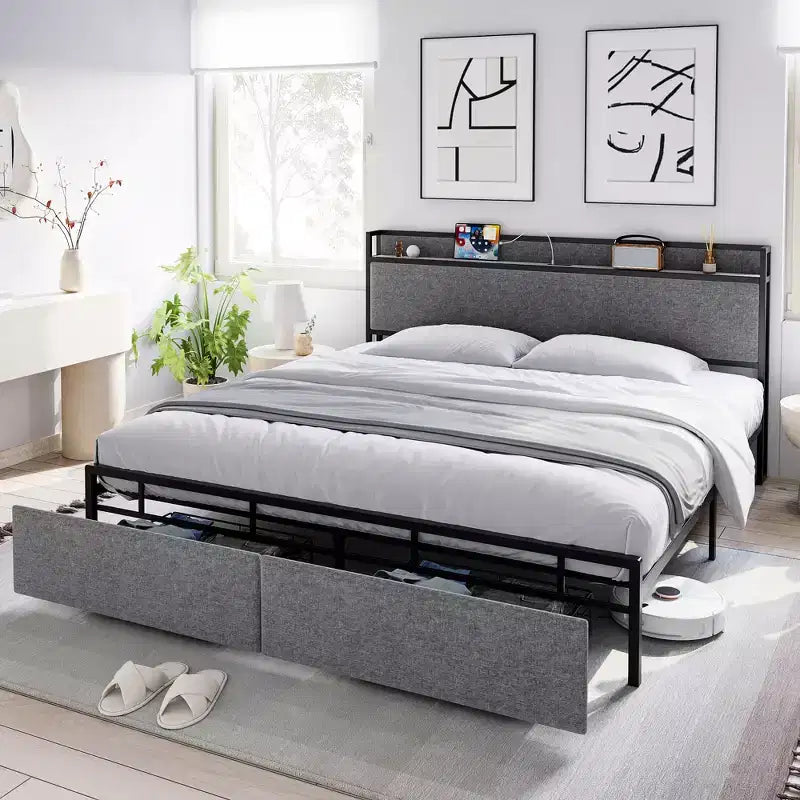 King Size Bed Frame with USB Ports & 2 Storage Drawers, Upholstered Platform Bed with Shelf Headboard, Gray
