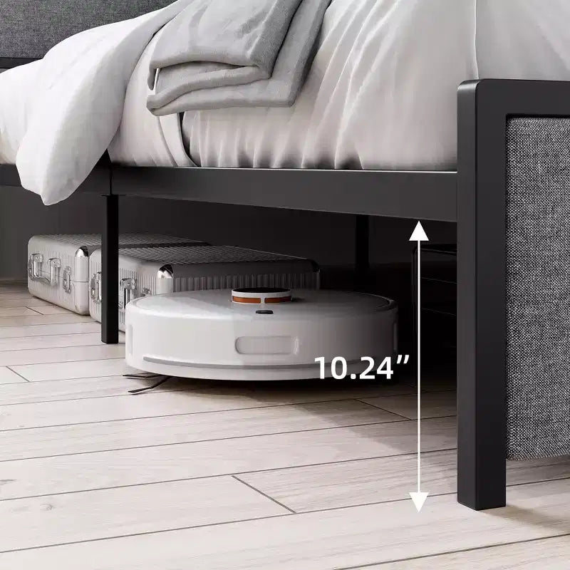 King Size Bed Frame with USB Ports & 2 Storage Drawers, Upholstered Platform Bed with Shelf Headboard, Gray