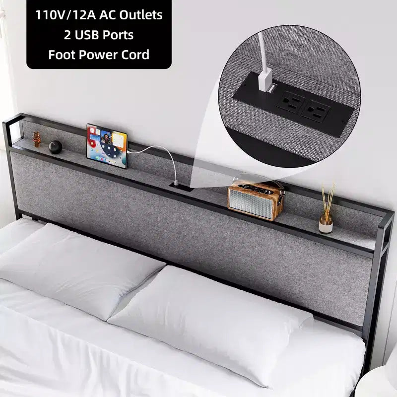 King Size Bed Frame with USB Ports & 2 Storage Drawers, Upholstered Platform Bed with Shelf Headboard, Gray