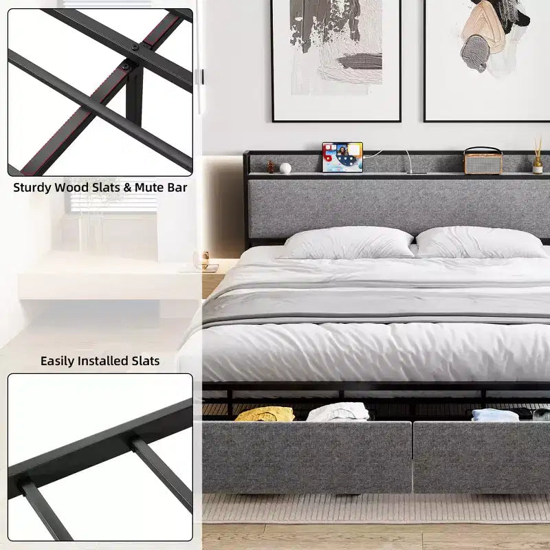 King Size Bed Frame with USB Ports & 2 Storage Drawers, Upholstered Platform Bed with Shelf Headboard, Gray