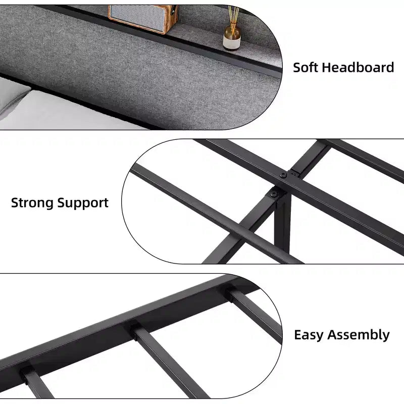 King Size Bed Frame with USB Ports & 2 Storage Drawers, Upholstered Platform Bed with Shelf Headboard, Gray