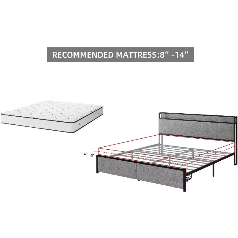 King Size Bed Frame with USB Ports & 2 Storage Drawers, Upholstered Platform Bed with Shelf Headboard, Gray