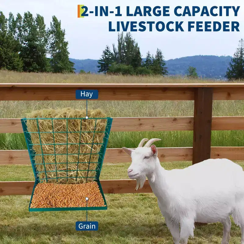 Wall Mount Hay Feeder, 2 in 1 Hay & Grain Livestock Feeder, Heavy Duty Metal Wall Mount Hay Rack with Adjustable Distance for Goats, Sheep, Horse