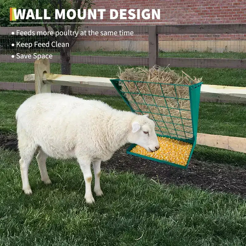 Wall Mount Hay Feeder, 2 in 1 Hay & Grain Livestock Feeder, Heavy Duty Metal Wall Mount Hay Rack with Adjustable Distance for Goats, Sheep, Horse