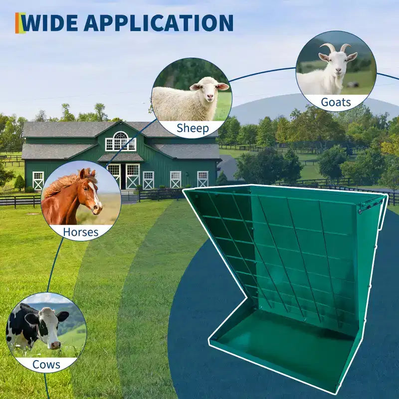 Wall Mount Hay Feeder, 2 in 1 Hay & Grain Livestock Feeder, Heavy Duty Metal Wall Mount Hay Rack with Adjustable Distance for Goats, Sheep, Horse
