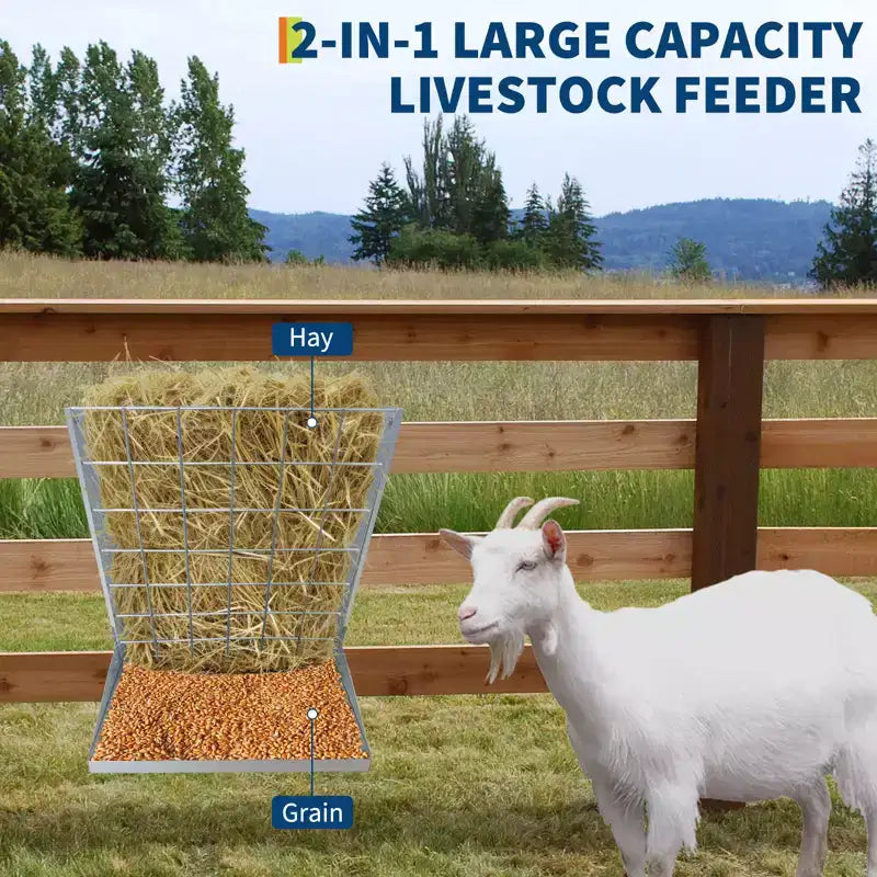 Wall Mount Hay Feeder, 2 in 1 Hay & Grain Livestock Feeder, Heavy Duty Metal Wall Mount Hay Rack with Adjustable Distance for Goats, Sheep, Horse