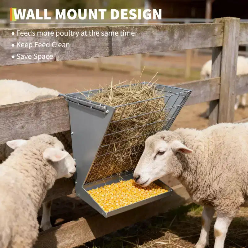Wall Mount Hay Feeder, 2 in 1 Hay & Grain Livestock Feeder, Heavy Duty Metal Wall Mount Hay Rack with Adjustable Distance for Goats, Sheep, Horse