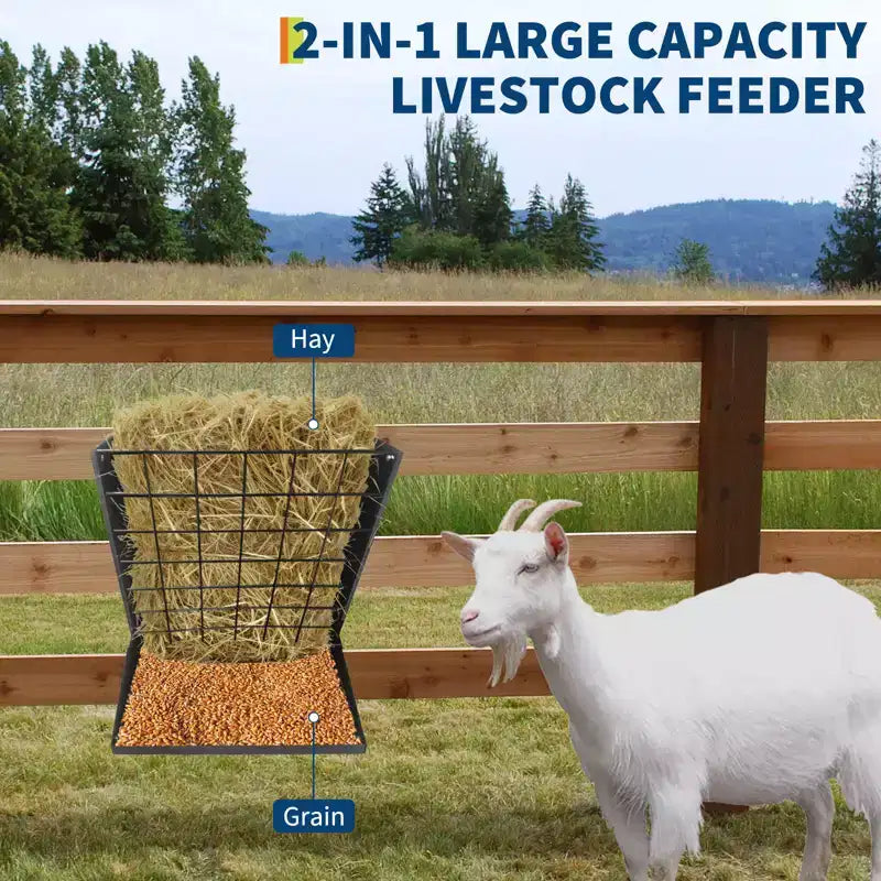 Wall Mount Hay Feeder, 2 in 1 Hay & Grain Livestock Feeder, Heavy Duty Metal Wall Mount Hay Rack with Adjustable Distance for Goats, Sheep, Horse