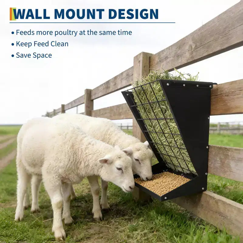 Wall Mount Hay Feeder, 2 in 1 Hay & Grain Livestock Feeder, Heavy Duty Metal Wall Mount Hay Rack with Adjustable Distance for Goats, Sheep, Horse