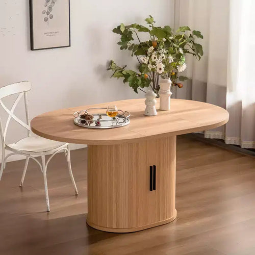 Table à manger ovale de 59 pouces avec étagère de rangement à double niveau et porte coulissante en bois