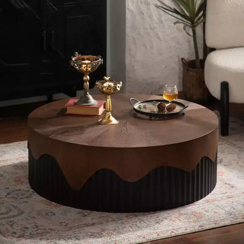 38.97 inch Round Coffee Table with Real Bark Texture Veneer and Walnut Finish