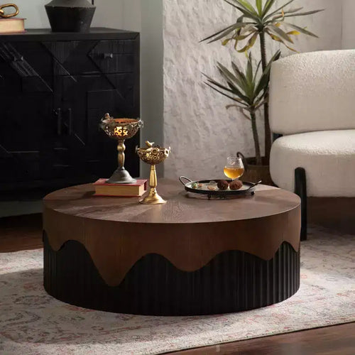 Table basse ronde de 38,97 pouces avec placage texture écorce véritable et finition noyer