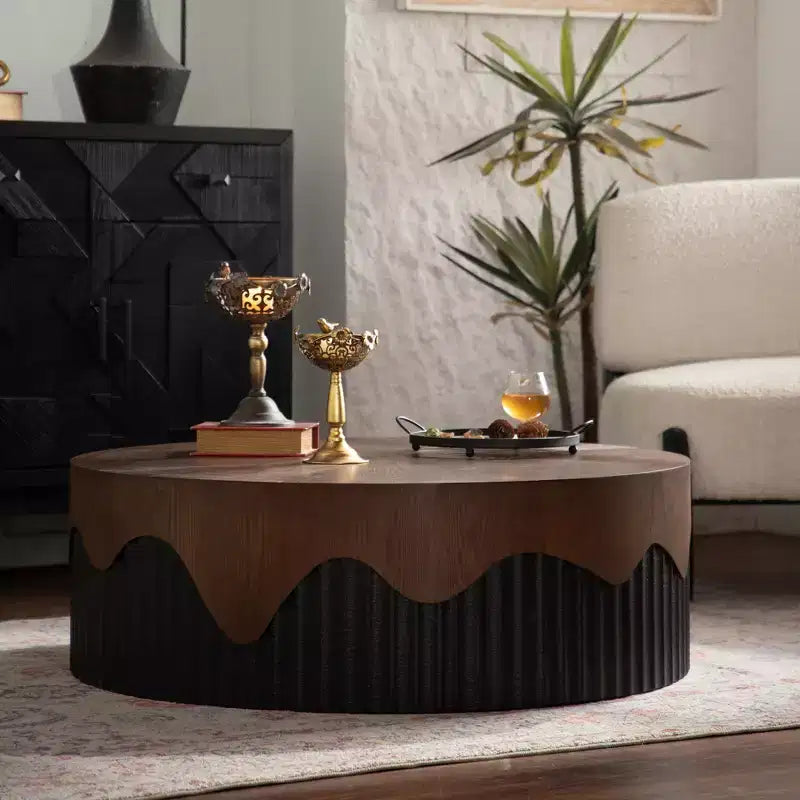 38.97 inch Round Coffee Table with Real Bark Texture Veneer and Walnut Finish