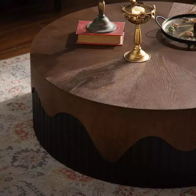 38.97 inch Round Coffee Table with Real Bark Texture Veneer and Walnut Finish