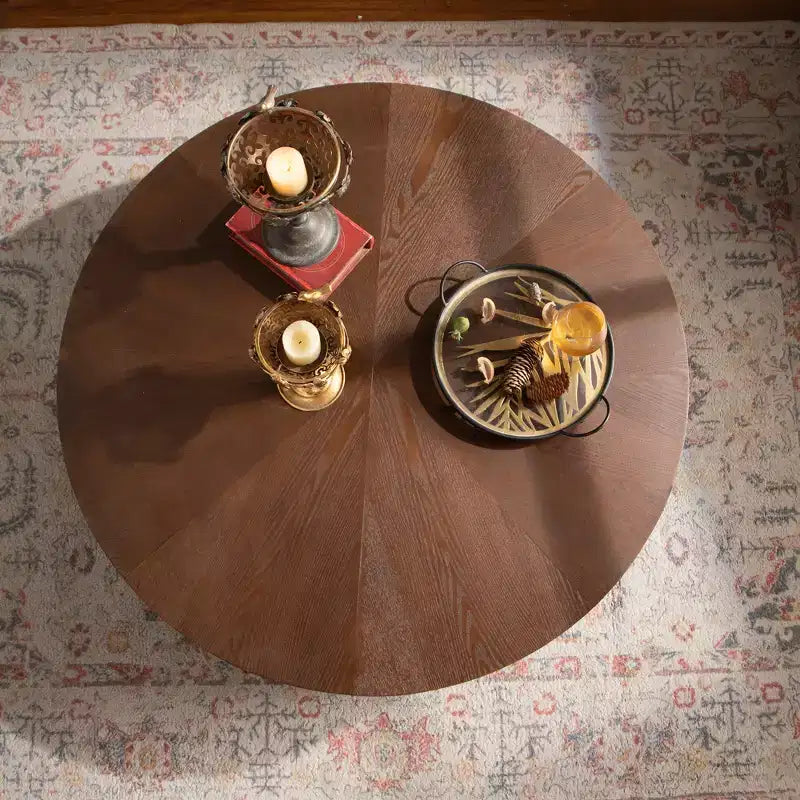 38.97 inch Round Coffee Table with Real Bark Texture Veneer and Walnut Finish