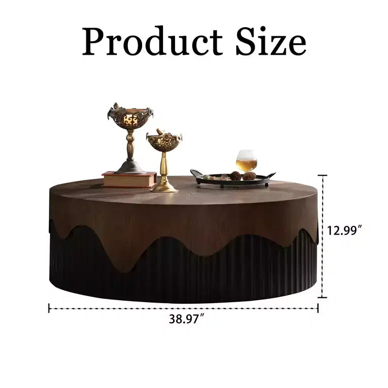 38.97 inch Round Coffee Table with Real Bark Texture Veneer and Walnut Finish