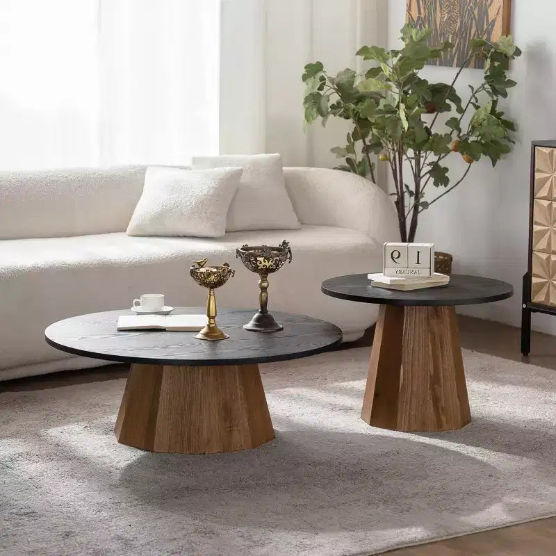 Round Coffee Table with Real Bark Pattern Veneer and Sturdy Pedestal Base