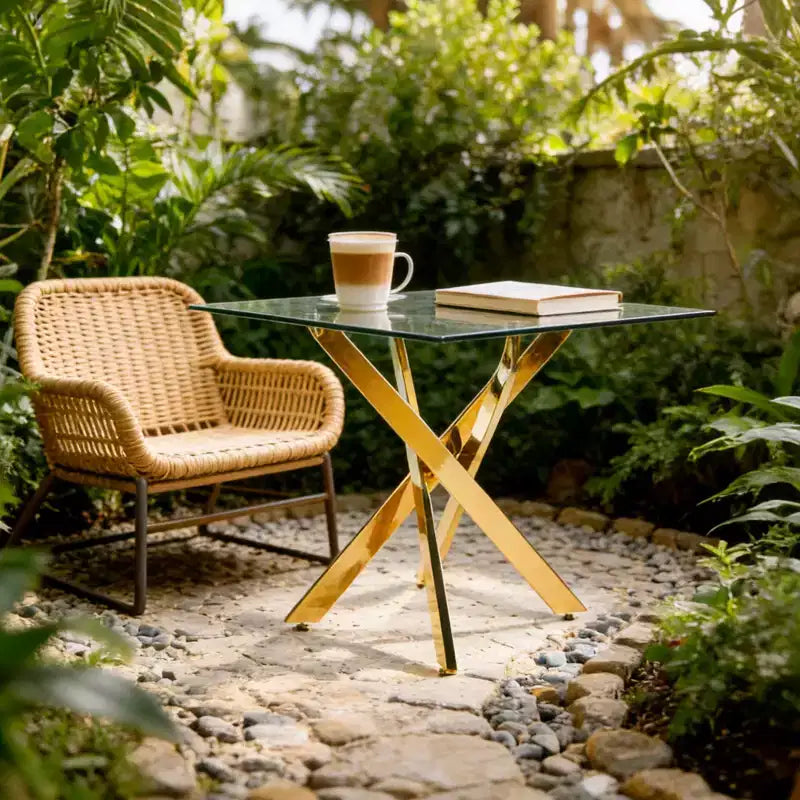 Dining Table with Cross Metal Leg and Tempered Glass Top, 90x90x75cm, Modern Space-Saving Design for Kitchen or Living Room