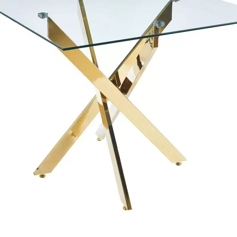 Dining Table with Cross Metal Leg and Tempered Glass Top, 90x90x75cm, Modern Space-Saving Design for Kitchen or Living Room