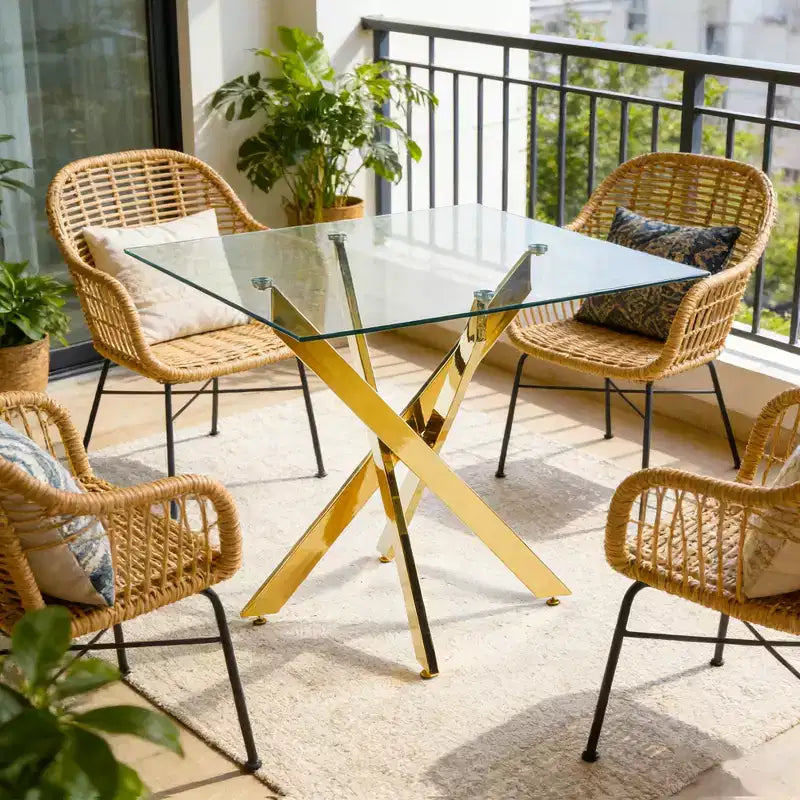 Dining Table with Cross Metal Leg and Tempered Glass Top, 90x90x75cm, Modern Space-Saving Design for Kitchen or Living Room