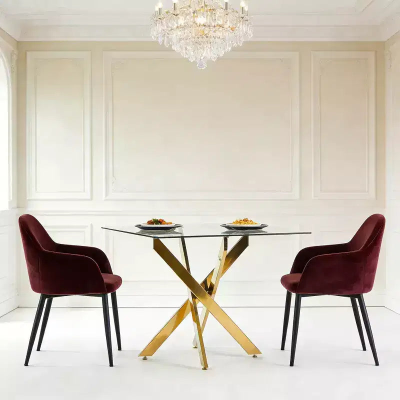Dining Table with Cross Metal Leg and Tempered Glass Top, 90x90x75cm, Modern Space-Saving Design for Kitchen or Living Room