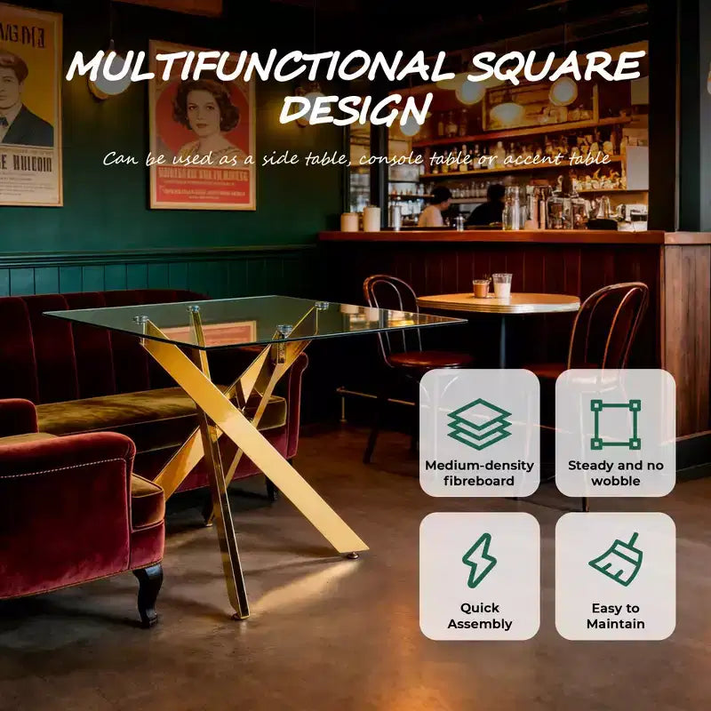 Dining Table with Cross Metal Leg and Tempered Glass Top, 90x90x75cm, Modern Space-Saving Design for Kitchen or Living Room