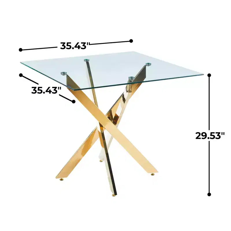 Dining Table with Cross Metal Leg and Tempered Glass Top, 90x90x75cm, Modern Space-Saving Design for Kitchen or Living Room